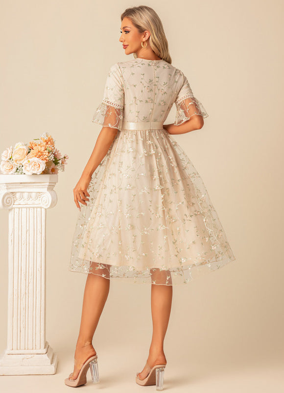 Robe Cocktail Tulle Beige Fleurs - gallery 3
