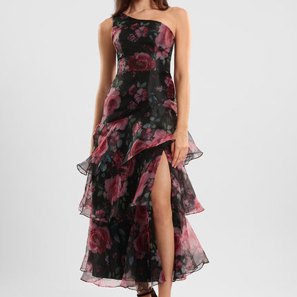 Robe Cocktail Florale Asymétrique