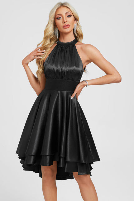 Robe Cocktail Satinée Noire À Volants - gallery 4