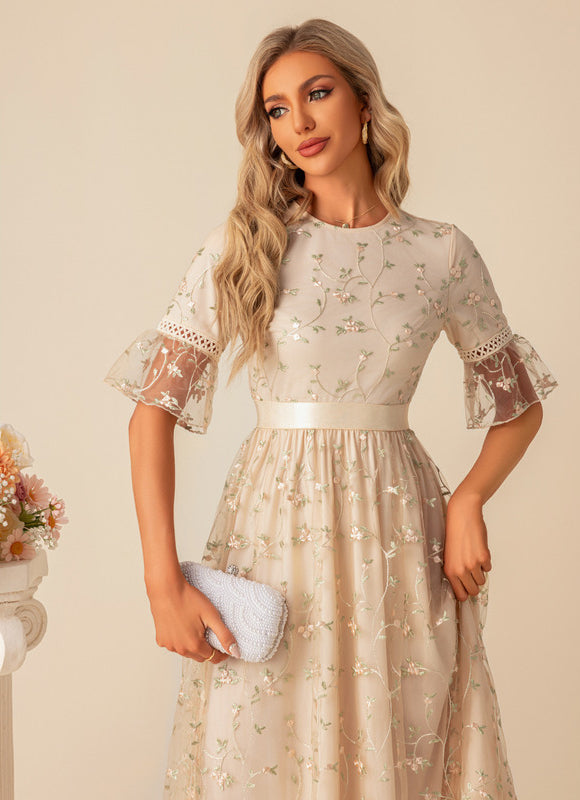 Robe Cocktail Tulle Beige Fleurs - gallery 2