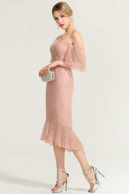 Robe Cocktail Rose Dentelle Élégante - gallery 1