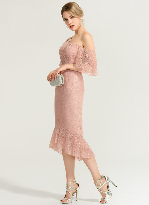 Robe Cocktail Rose Dentelle Élégante - gallery 1