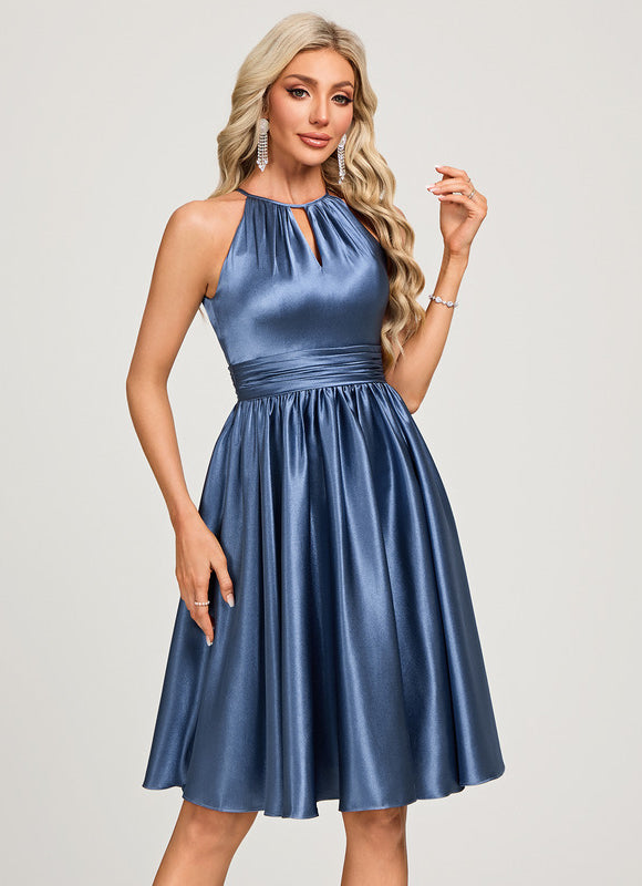 Robe Cocktail Satinée Bleue - gallery 1