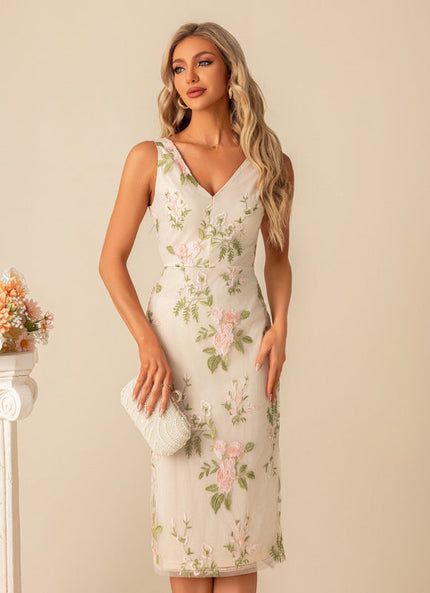 Robe Cocktail Florale Écrue