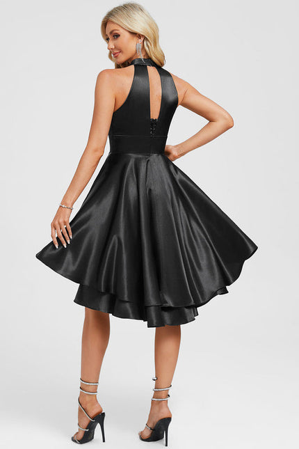 Robe Cocktail Satinée Noire À Volants - gallery 5