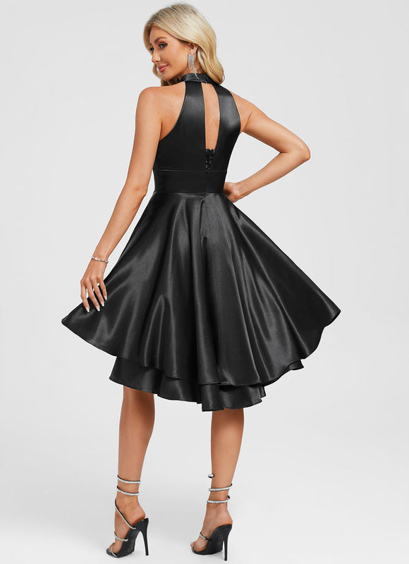Robe Cocktail Satinée Noire À Volants - gallery 5