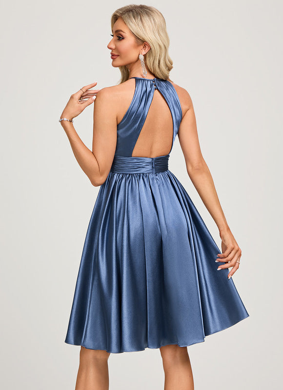 Robe Cocktail Satinée Bleue - gallery 5