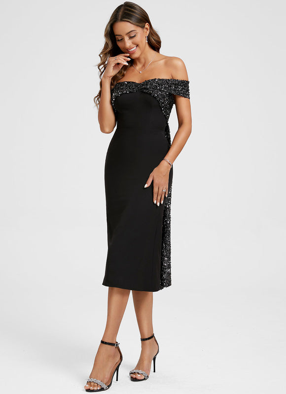 Robe Cocktail Scintillante Noire - gallery 5