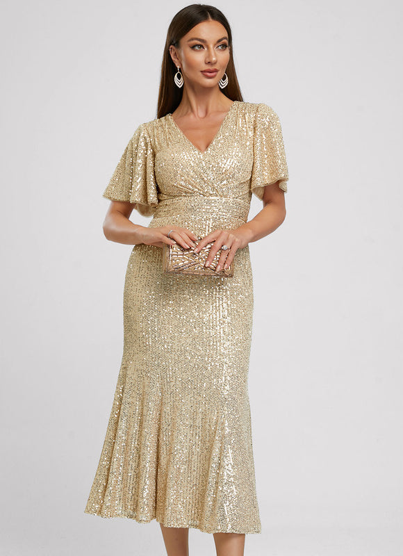 Robe Cocktail Pailletée Dorée - gallery 4