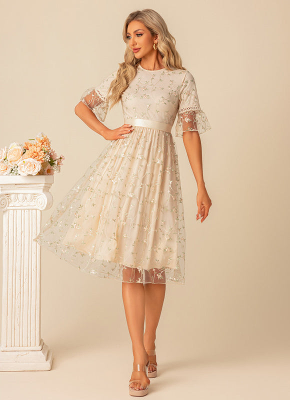 Robe Cocktail Tulle Beige Fleurs - gallery 4