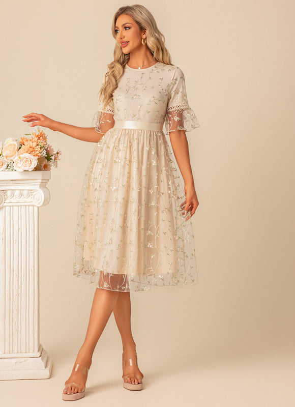 Robe Cocktail Tulle Beige Fleurs - gallery 5