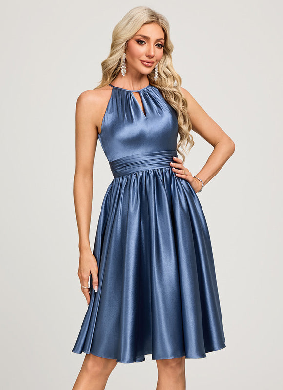 Robe Cocktail Satinée Bleue - gallery 3