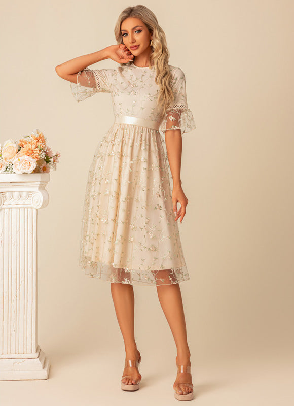 Robe Cocktail Tulle Beige Fleurs - gallery 1