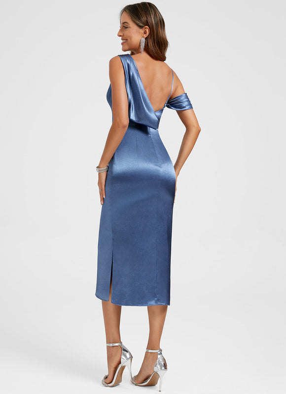 Robe Cocktail Satin Bleu Nuit - gallery 5
