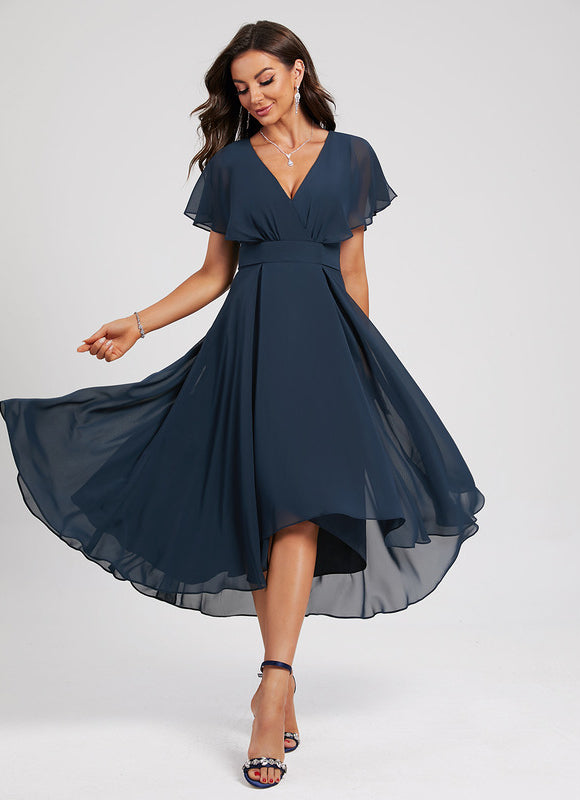 Robe Cocktail Fluide Marine Asymétrique