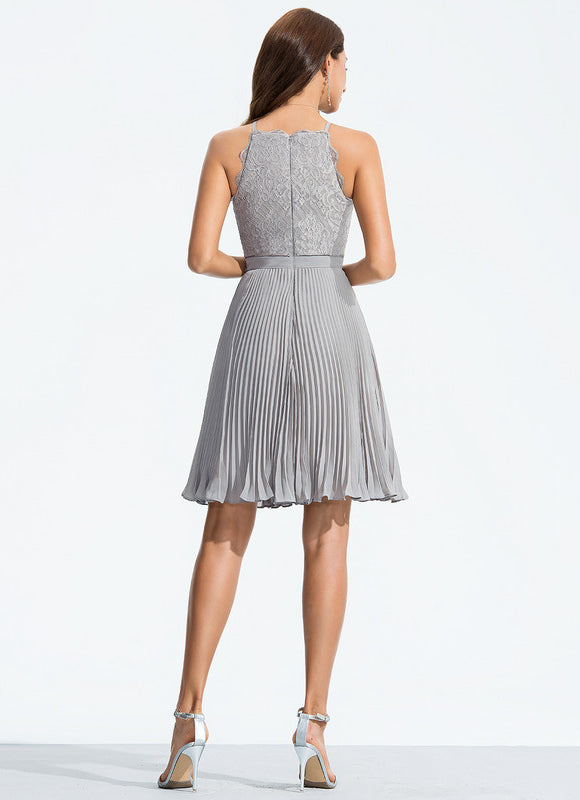 Robe Cocktail Gris Plissé Chic - gallery 1